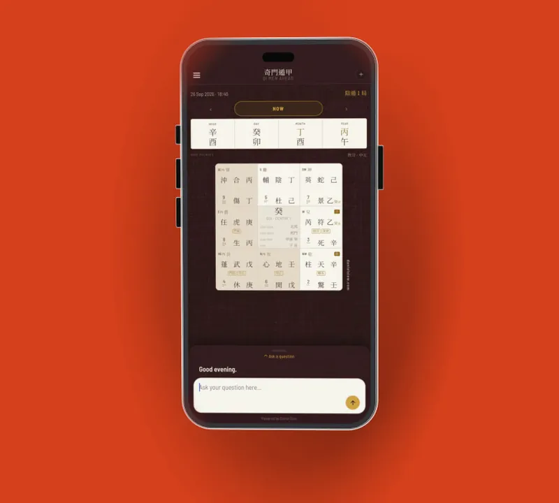 The Qi Men Ahead app on a phone, showing a Qi Men Dun Jia chart and a box to type a question